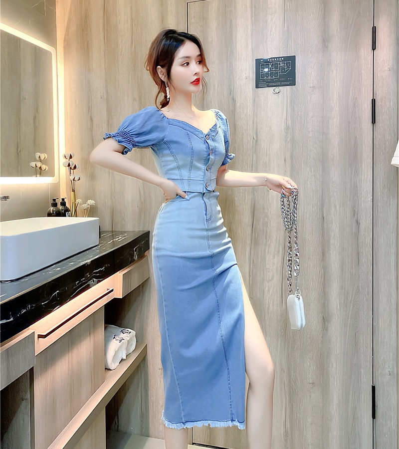 Fashion denim tops split long skirt a set for women