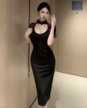Hollow long dress retro printing cheongsam