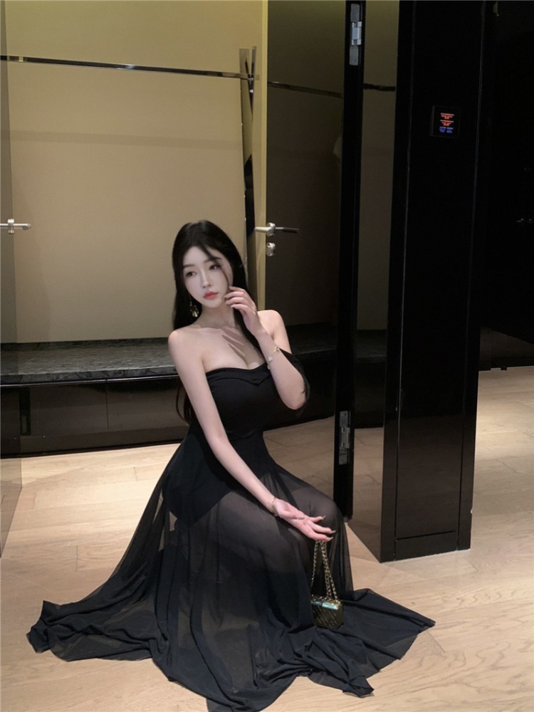 Wrapped chest gauze dress black long dress for women