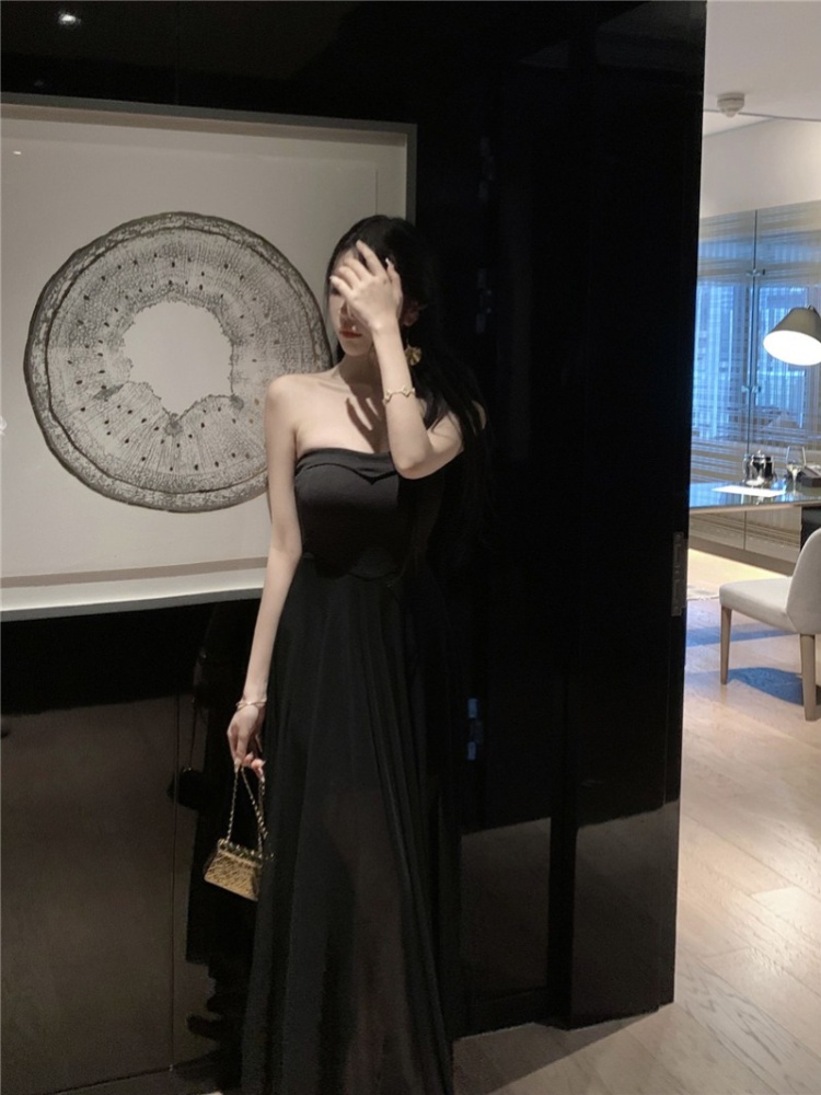 Wrapped chest gauze dress black long dress for women