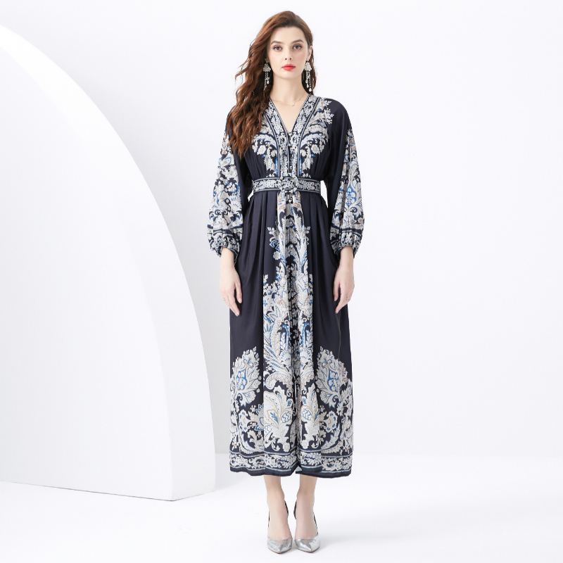 Court style double placket lace printing dress