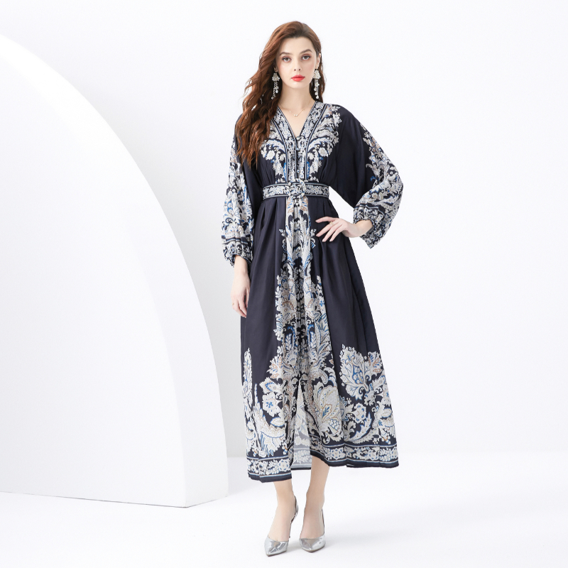 Court style double placket lace printing dress