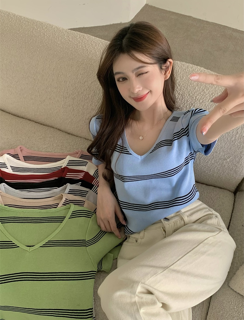 Stripe niche V-neck T-shirt summer knitted all-match tops