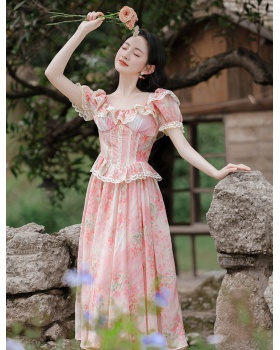 A-line maiden floral high waist enticement lace dress