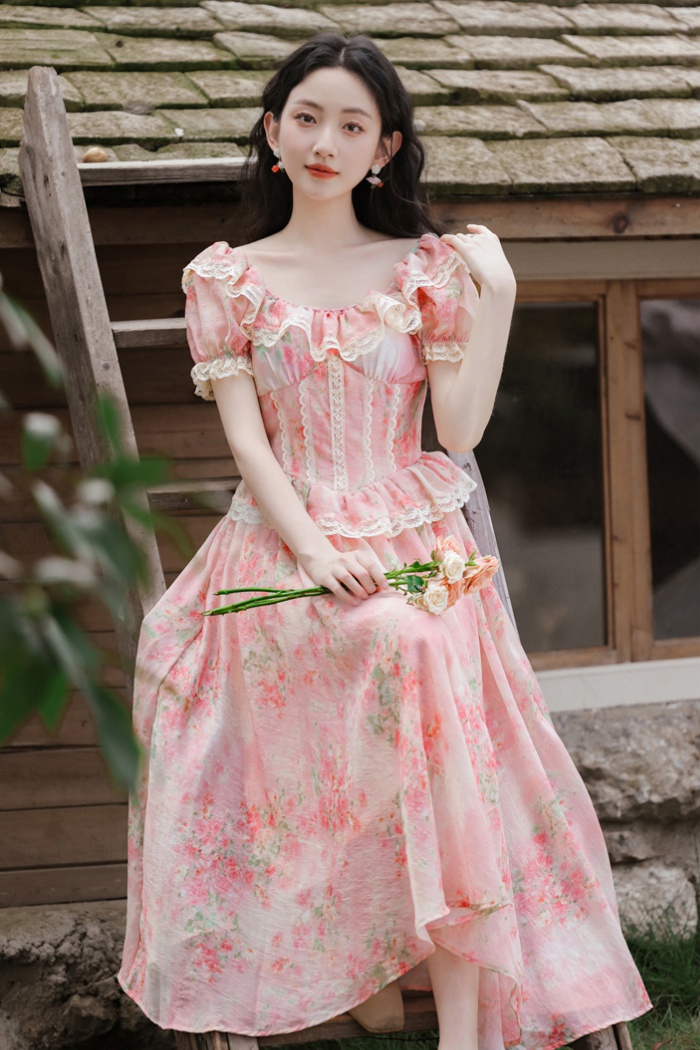 A-line maiden floral high waist enticement lace dress