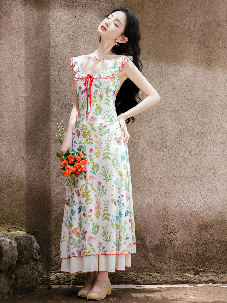 Slim lace summer floral elasticity mixed colors sling dress