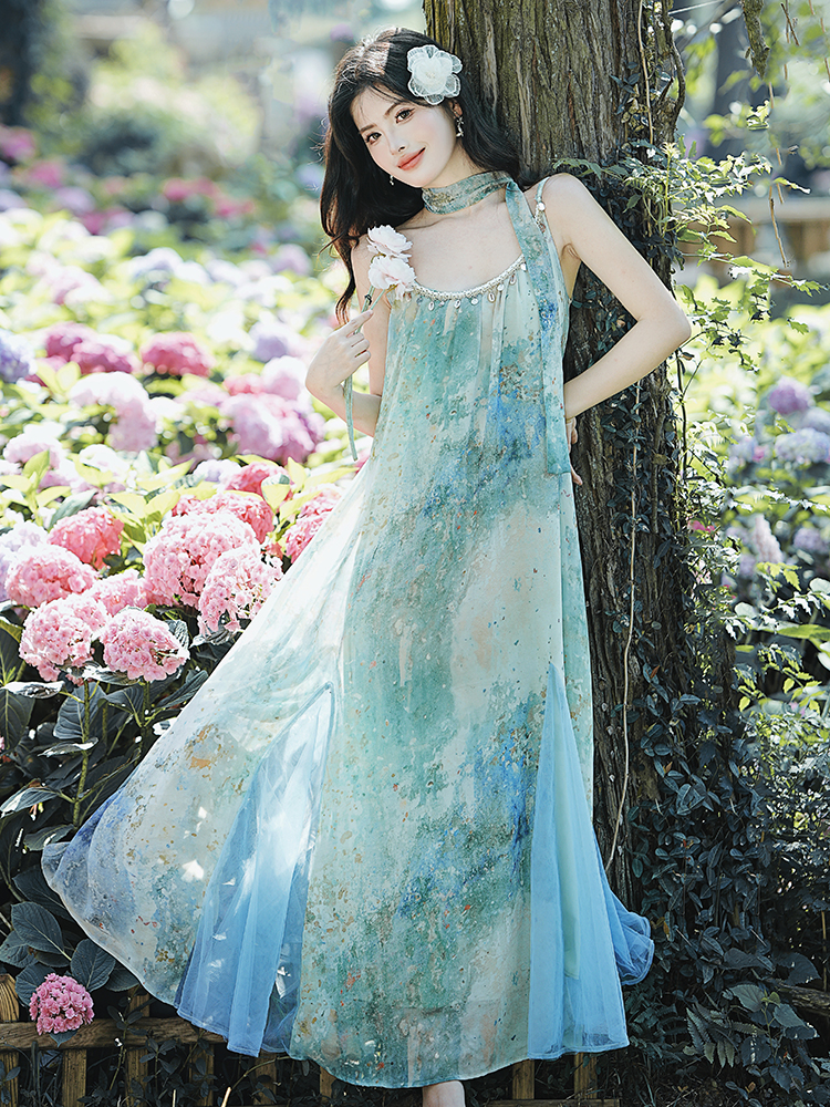 Sling shell temperament loose blue seaside summer blooming dress