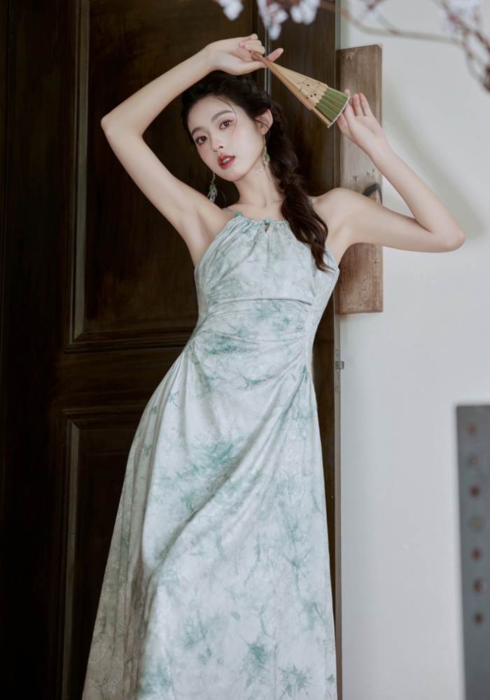 Chinese style halter strap dress green dress