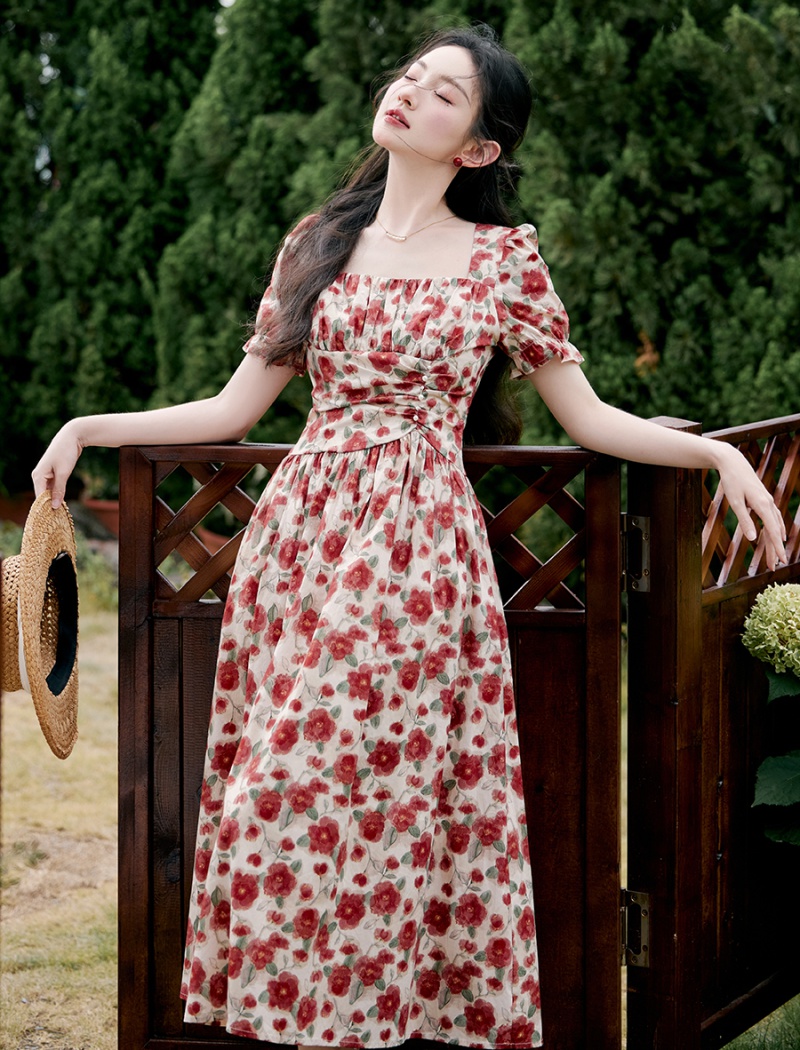 Tender temperament France style rose square collar dress