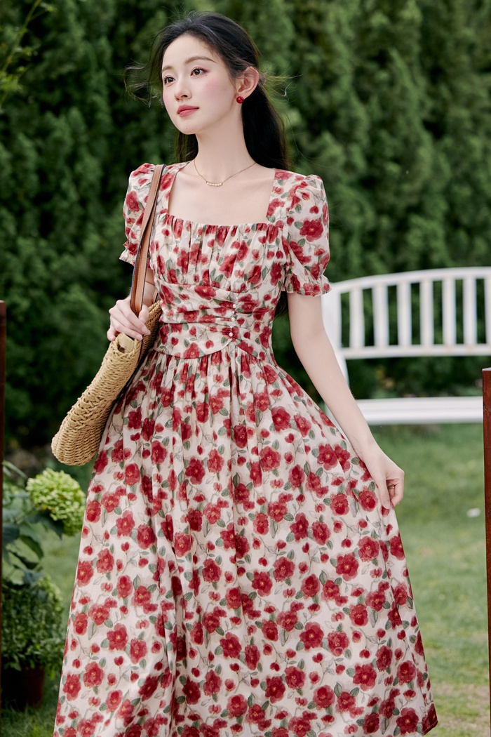 Tender temperament France style rose square collar dress