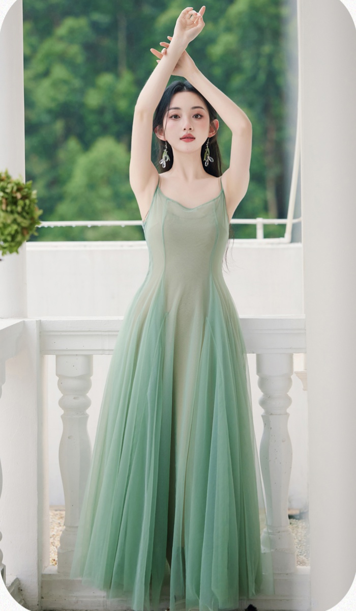 Green artistic long dress 2pcs set