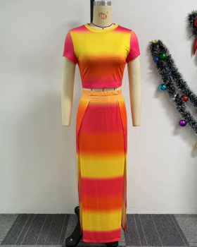 Gradient mixed colors printing split long skirt 2pcs set