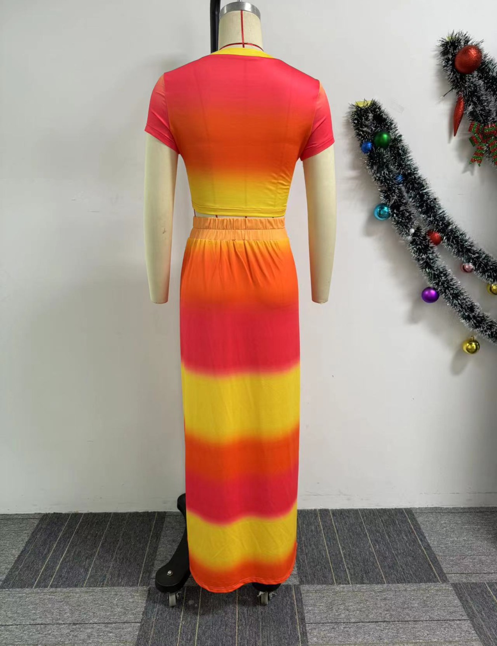 Gradient mixed colors printing split long skirt 2pcs set