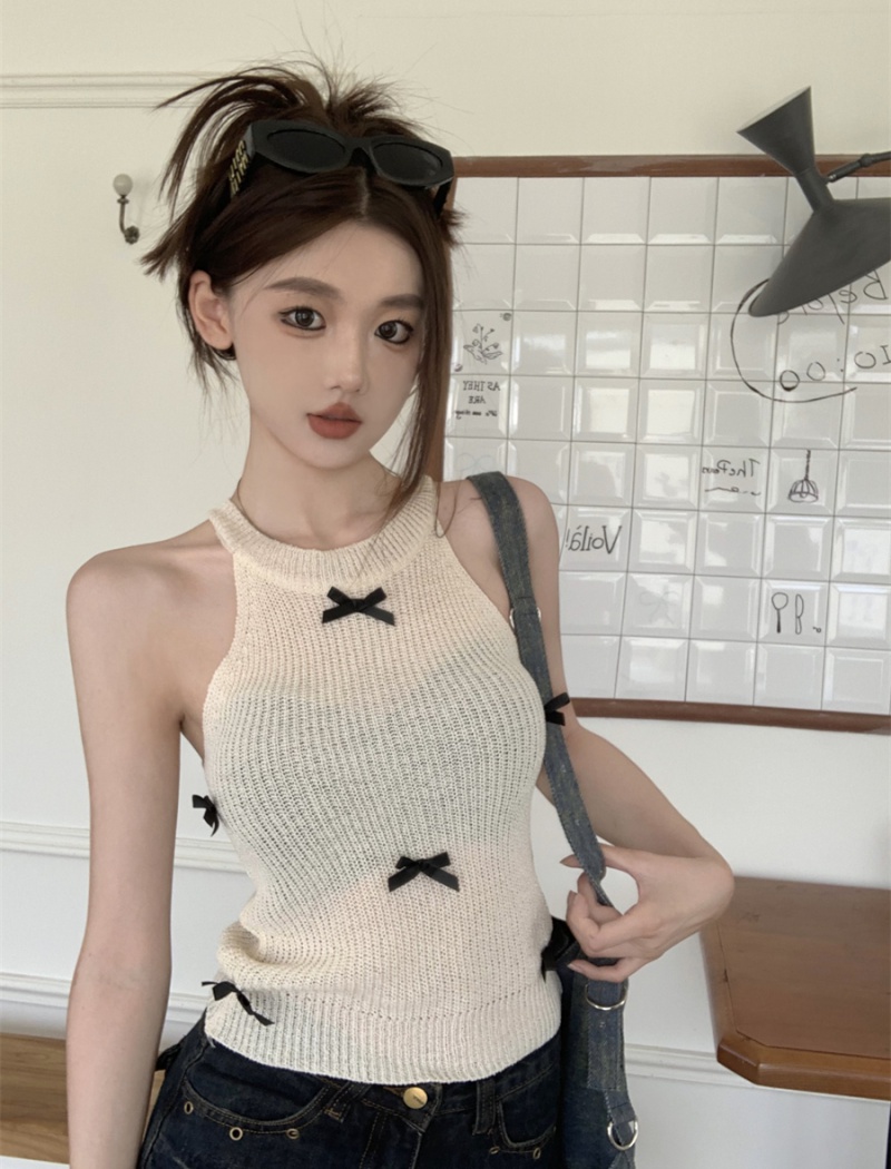 Sleeveless bow sweet tops sling halter show young vest