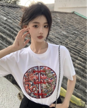 Embroidery short sleeve T-shirt round neck Chinese style tops