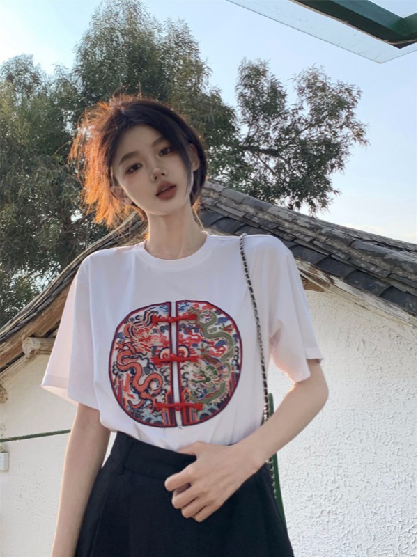 Embroidery short sleeve T-shirt round neck Chinese style tops