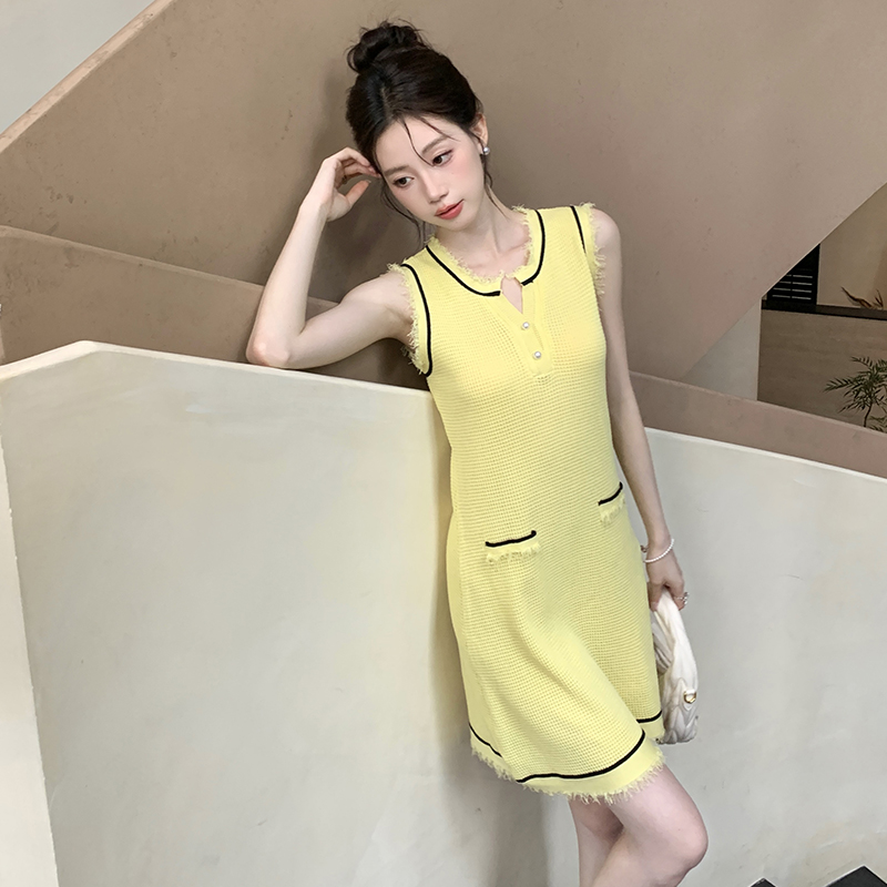France style knitted retro chanelstyle summer yellow dress
