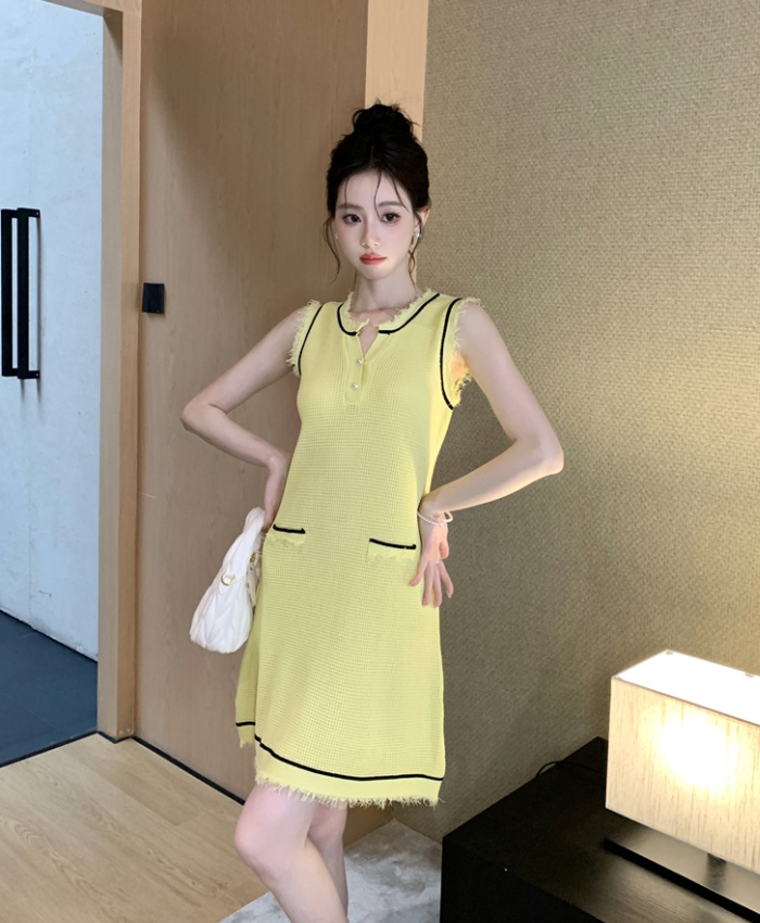 France style knitted retro chanelstyle summer yellow dress