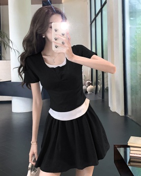Pleated slim tops Korean style skirt 2pcs set for women