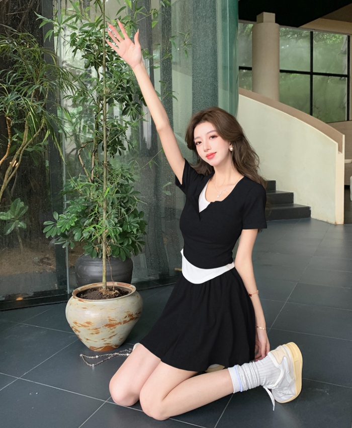 Pleated slim tops Korean style skirt 2pcs set for women