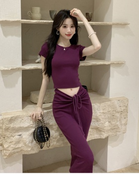 Short sleeve purple tops spicegirl hip skirt 2pcs set