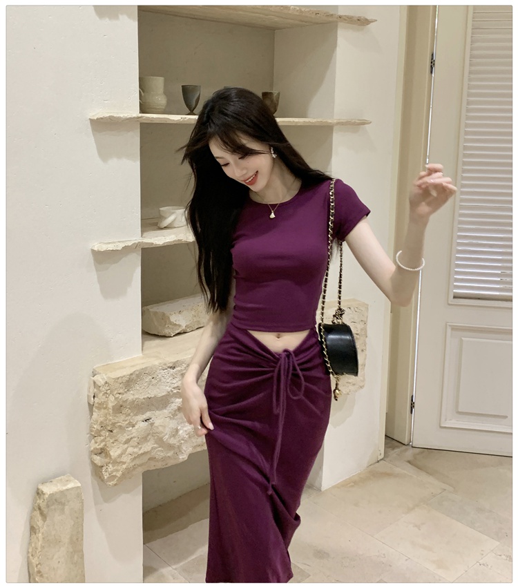 Short sleeve purple tops spicegirl hip skirt 2pcs set