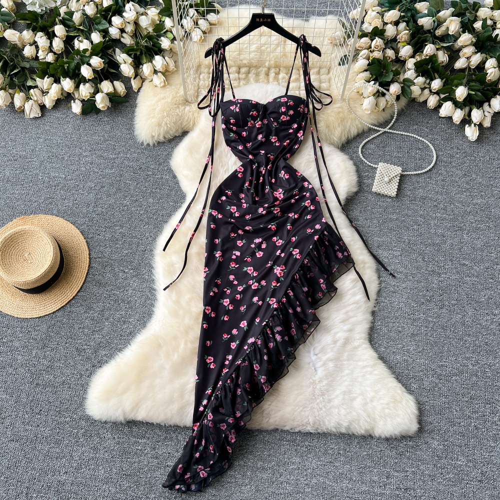 Sling slim package hip fold floral dress for women