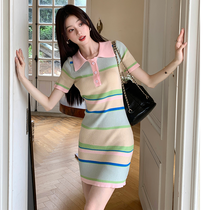 Summer knitted stripe T-back temperament slim dress