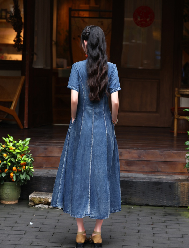 Summer denim dress Chinese style embroidery long dress