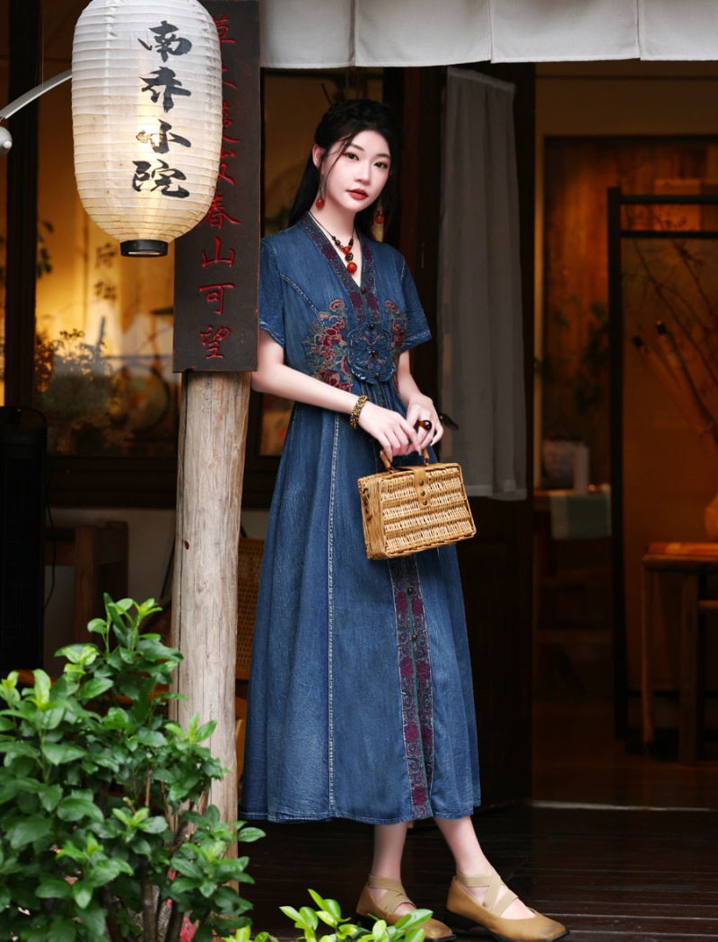 Summer denim dress Chinese style embroidery long dress