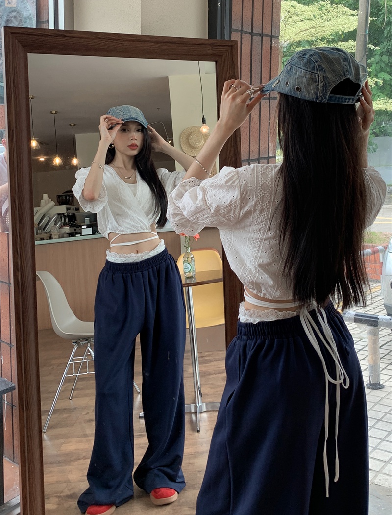 Embroidery wide leg casual pants France style loose shirt
