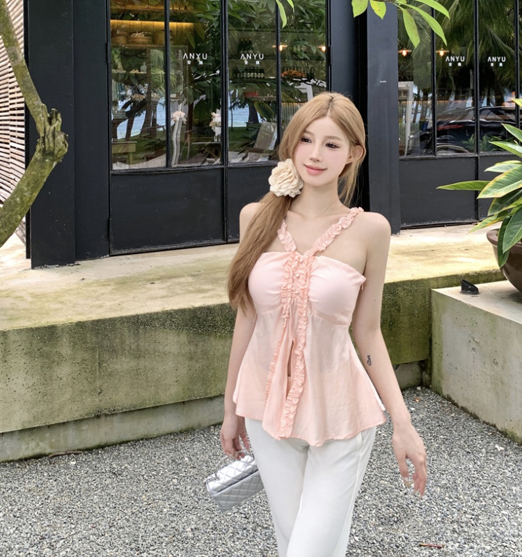 Summer slim wood ear chiffon shirt pink sweet tops for women