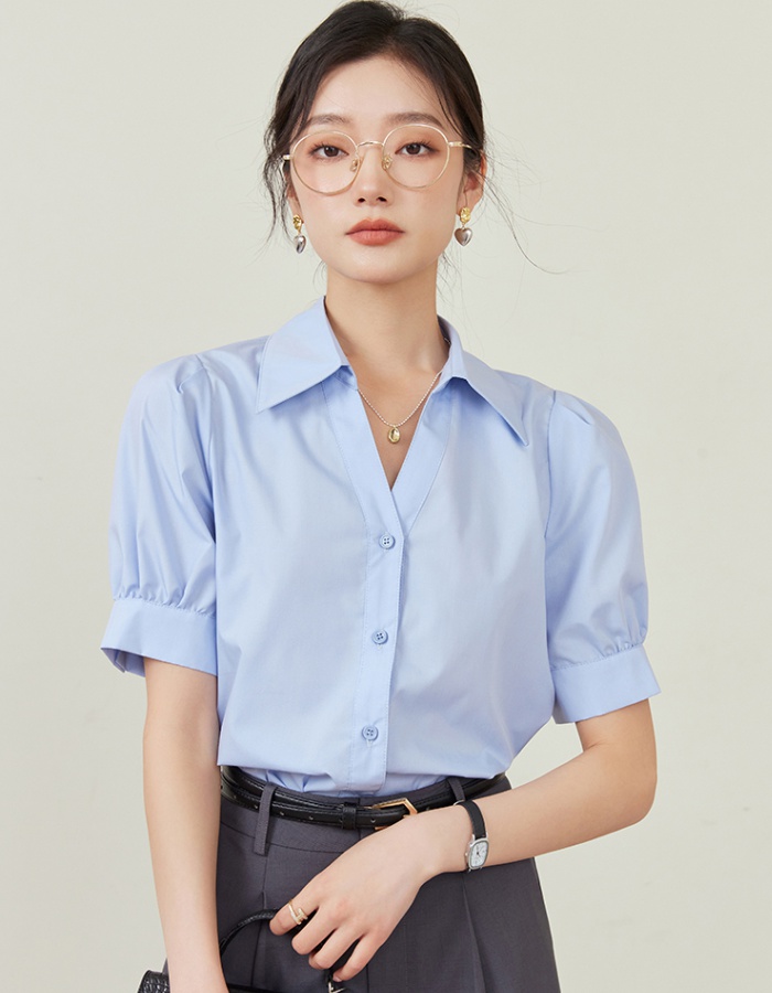 Profession blue V-neck small fellow summer shirt for women