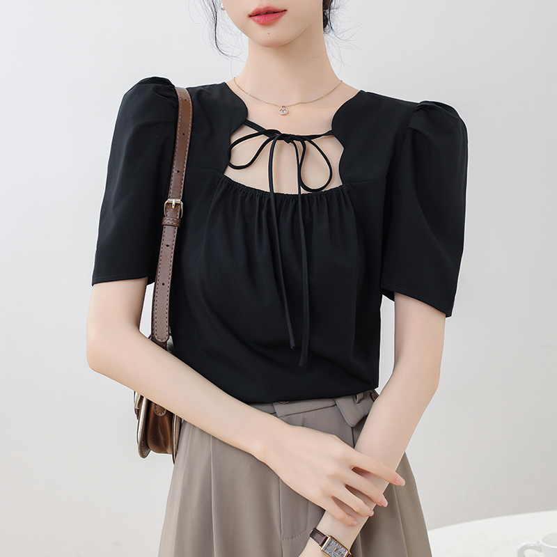 Square collar tops puff sleeve shirt for women