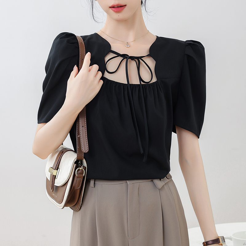 Square collar tops puff sleeve shirt for women