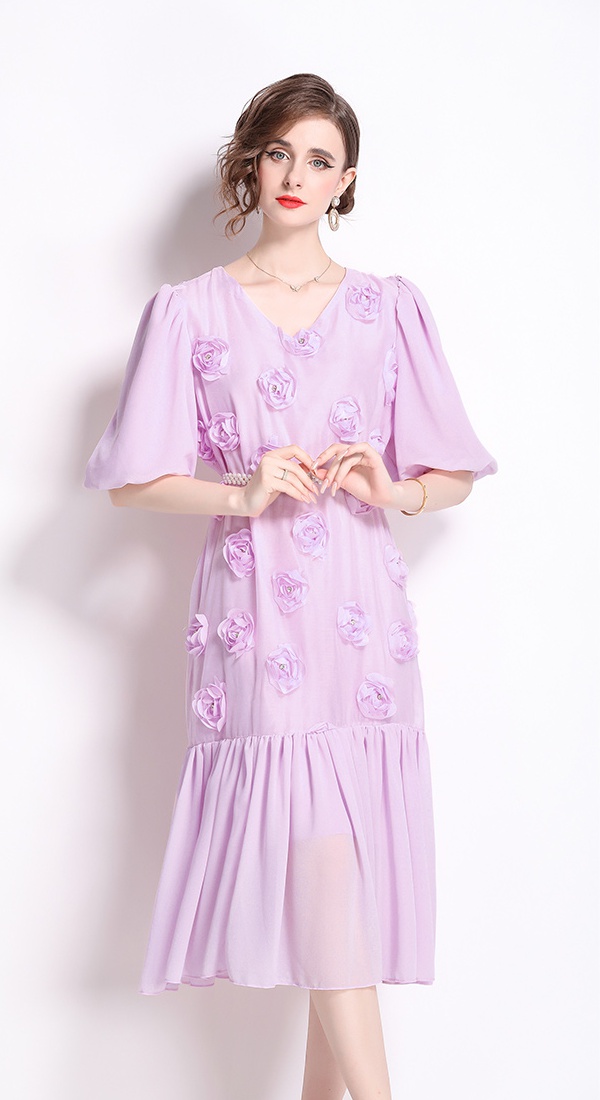 Puff sleeve temperament rhinestone Korean style dress