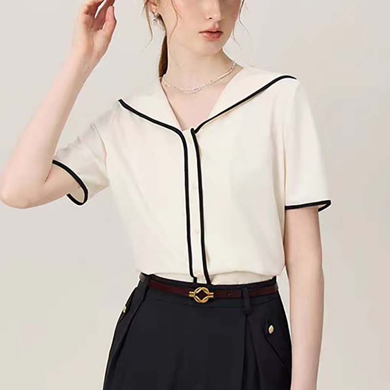 Temperament navy collar shirt short sleeve tops for women