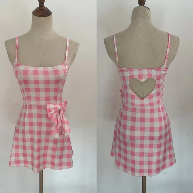 Heart sling plaid pink hollow elasticity dress