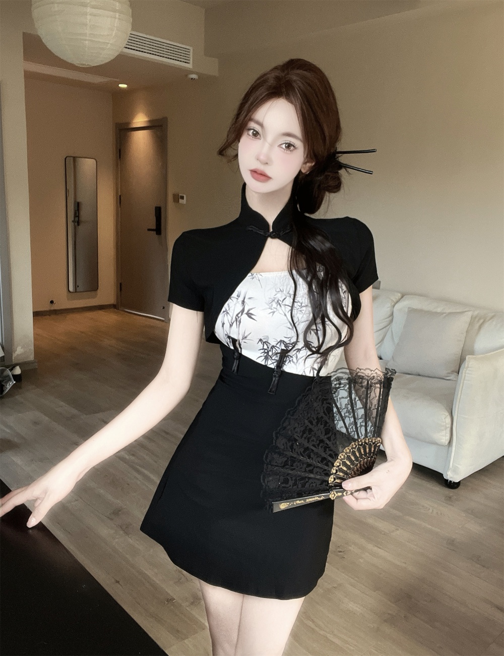 Short sleeve Chinese style smock sling dress