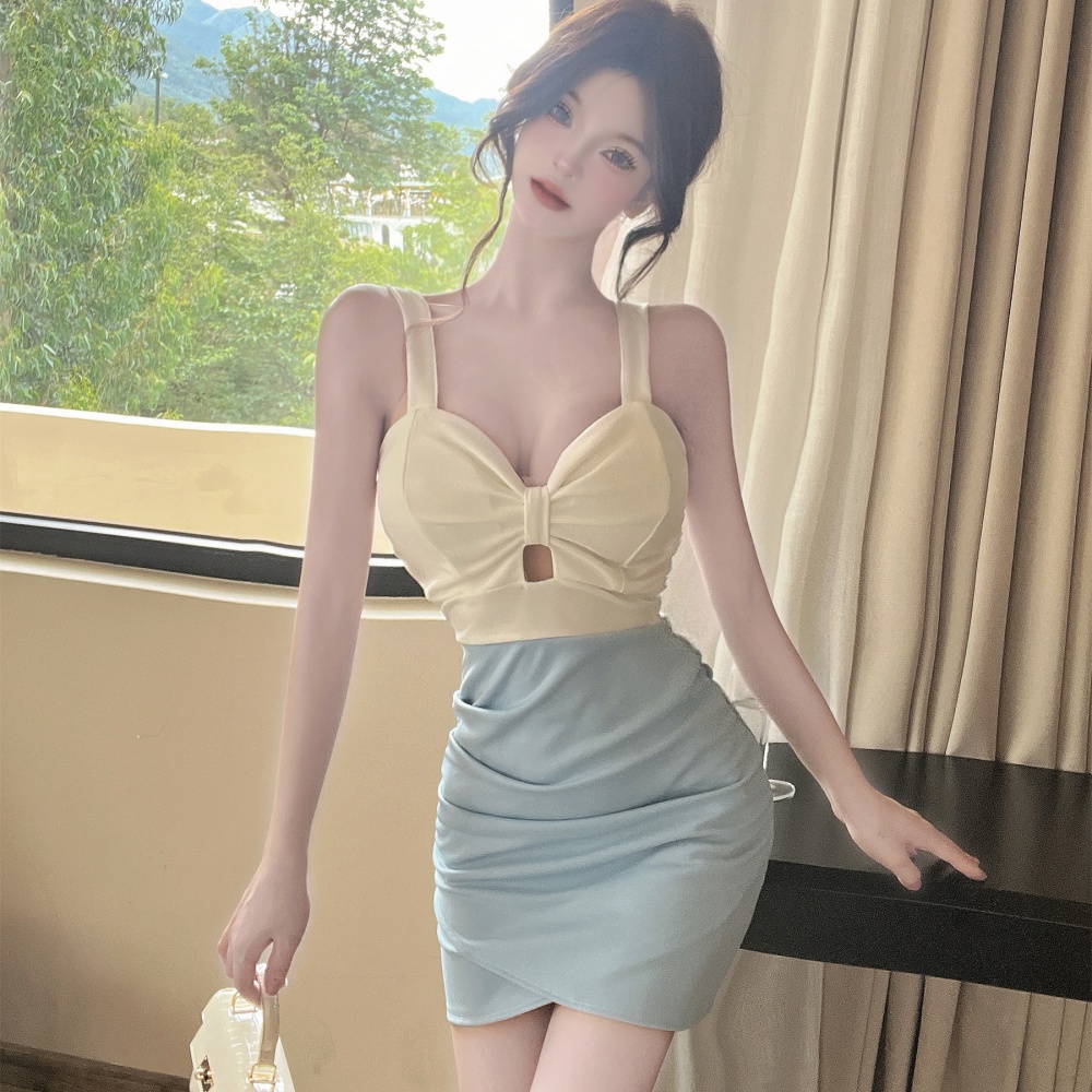 Sexy sling hollow mixed colors package hip sleeveless dress