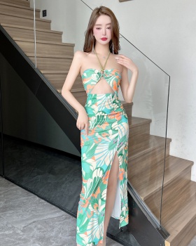 Sling printing long halter sexy wrapped chest slit dress