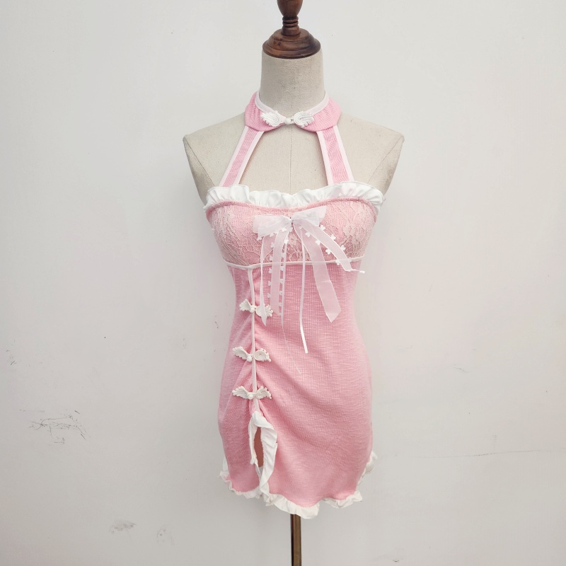 Lovely lace pink bow enticement dress for women
