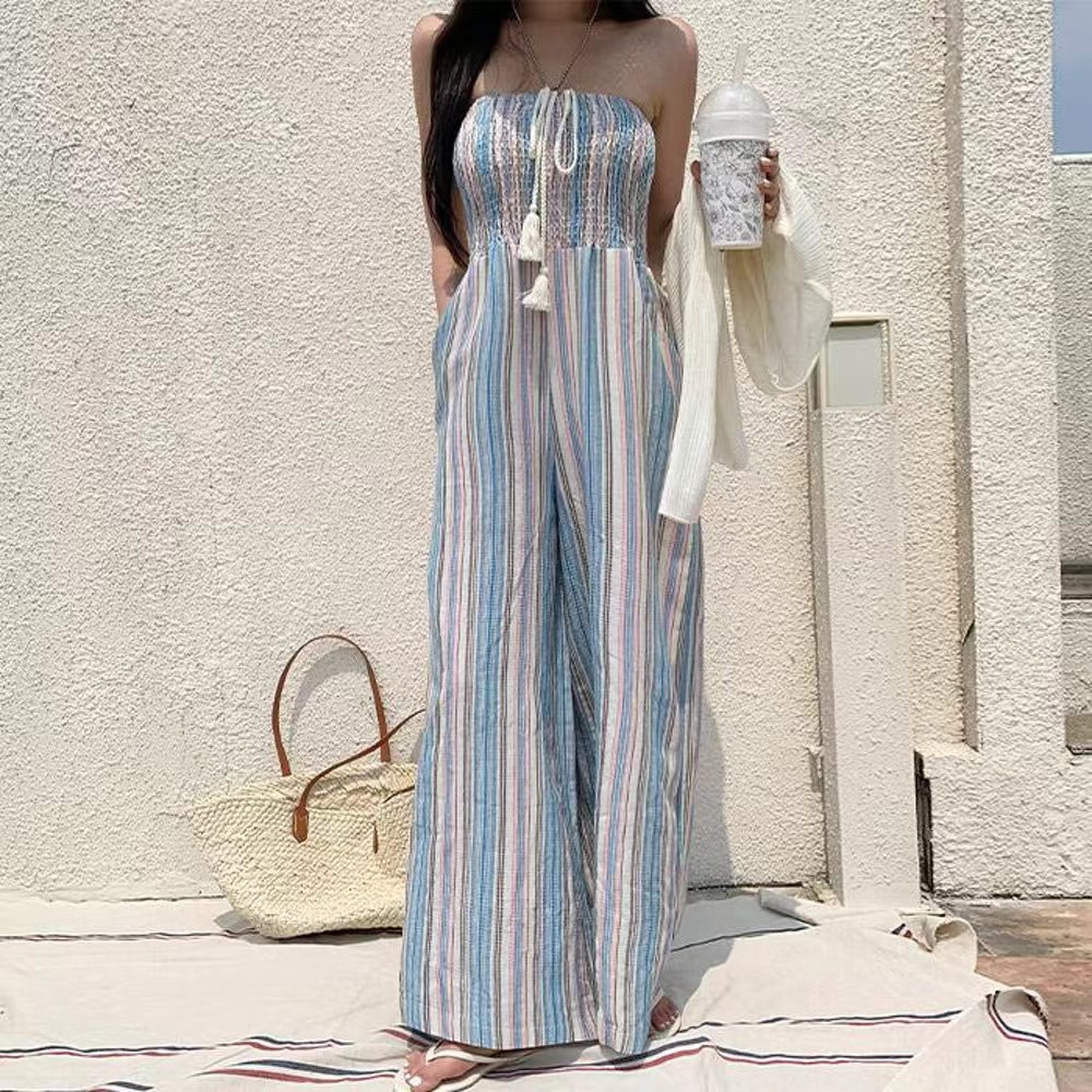 Casual wrapped chest summer mixed colors stripe jumpsuit