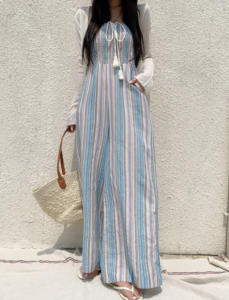 Casual wrapped chest summer mixed colors stripe jumpsuit