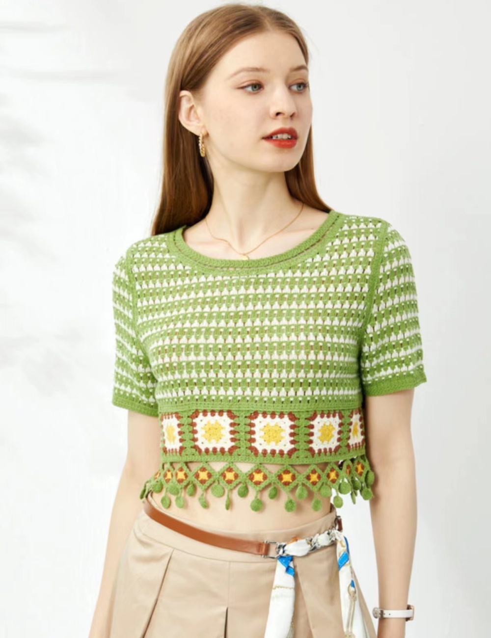Crochet France style tops summer T-shirt