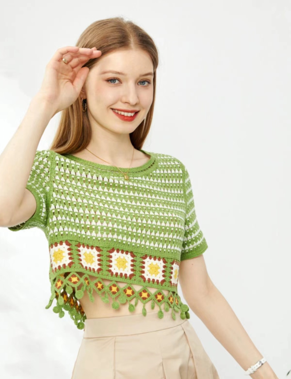Crochet France style tops summer T-shirt