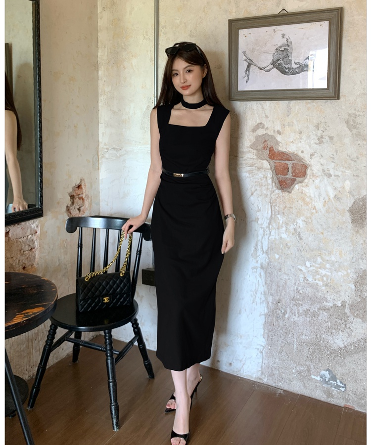 Split long dress gray sleeveless dress for women