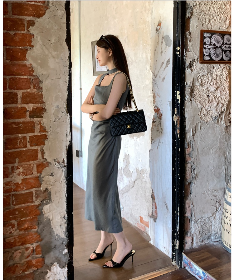 Split long dress gray sleeveless dress for women