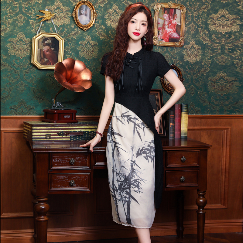 Small fellow Chinese style formal dress ink summer cheongsam