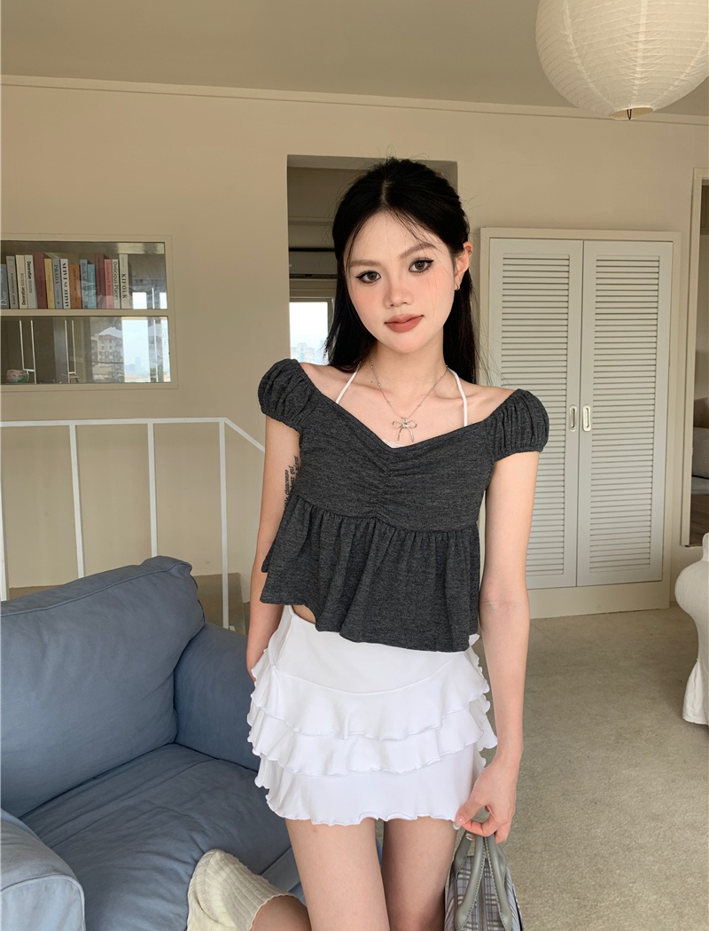 Pseudo-two short France style boats sleeve tops